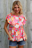 Feeling Femme' Coral Floral Print Folded Short Sleeve Babydoll Top - Charming Charlie