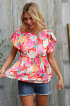 Feeling Femme' Coral Floral Print Folded Short Sleeve Babydoll Top - Charming Charlie