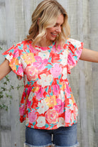 Feeling Femme' Coral Floral Print Folded Short Sleeve Babydoll Top - Charming Charlie