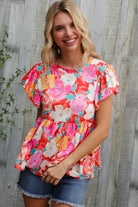 Feeling Femme' Coral Floral Print Folded Short Sleeve Babydoll Top - Charming Charlie