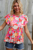 Feeling Femme' Coral Floral Print Folded Short Sleeve Babydoll Top - Charming Charlie
