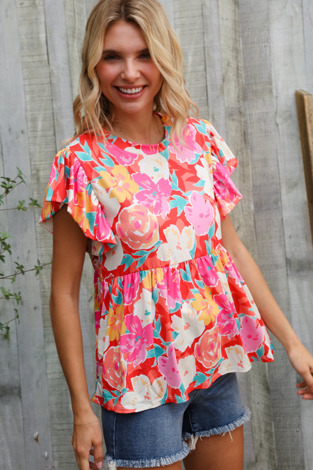 Feeling Femme' Coral Floral Print Folded Short Sleeve Babydoll Top - Charming Charlie