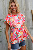 Feeling Femme' Coral Floral Print Folded Short Sleeve Babydoll Top - Charming Charlie