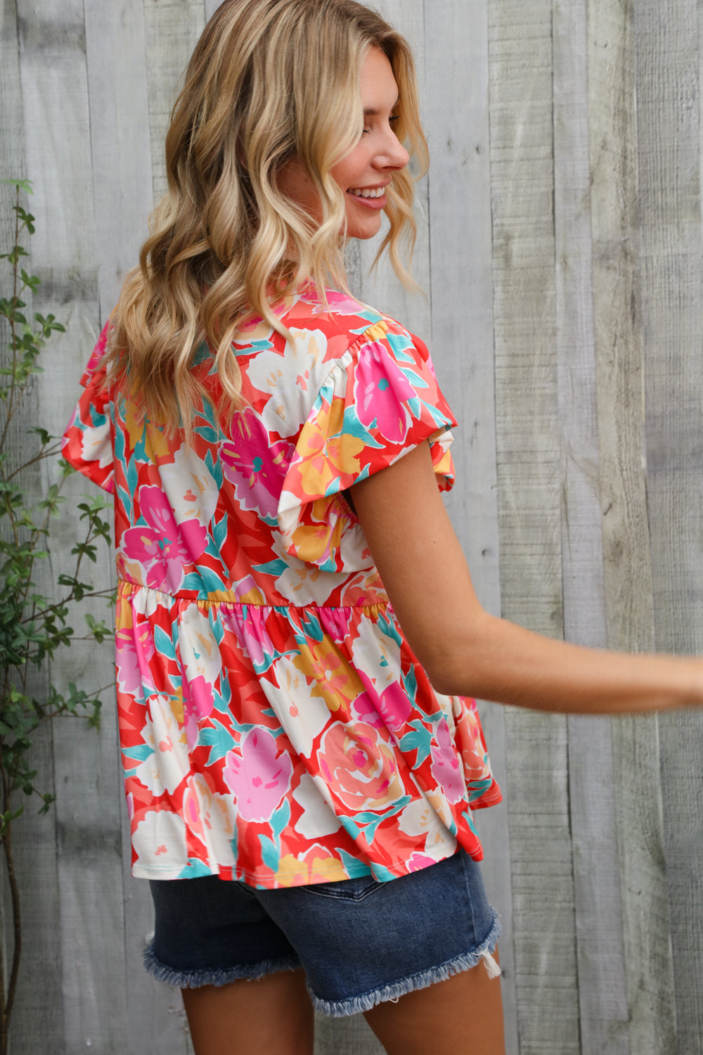 Feeling Femme' Coral Floral Print Folded Short Sleeve Babydoll Top - Charming Charlie
