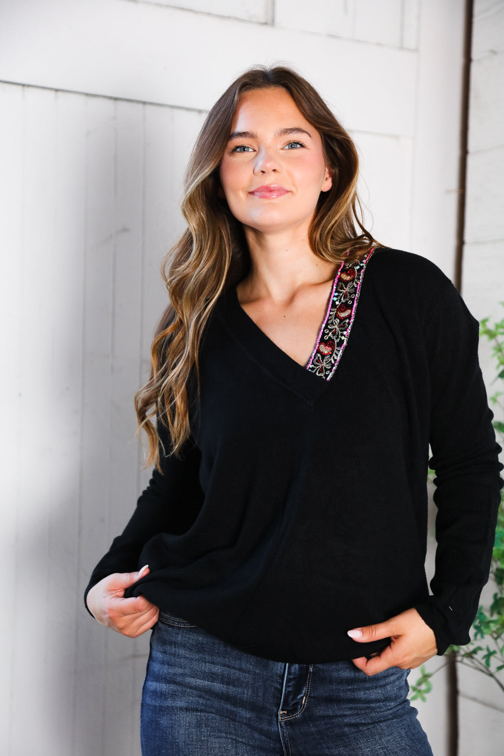Twilight Charms Beaded V Neck Sweater - Charming Charlie