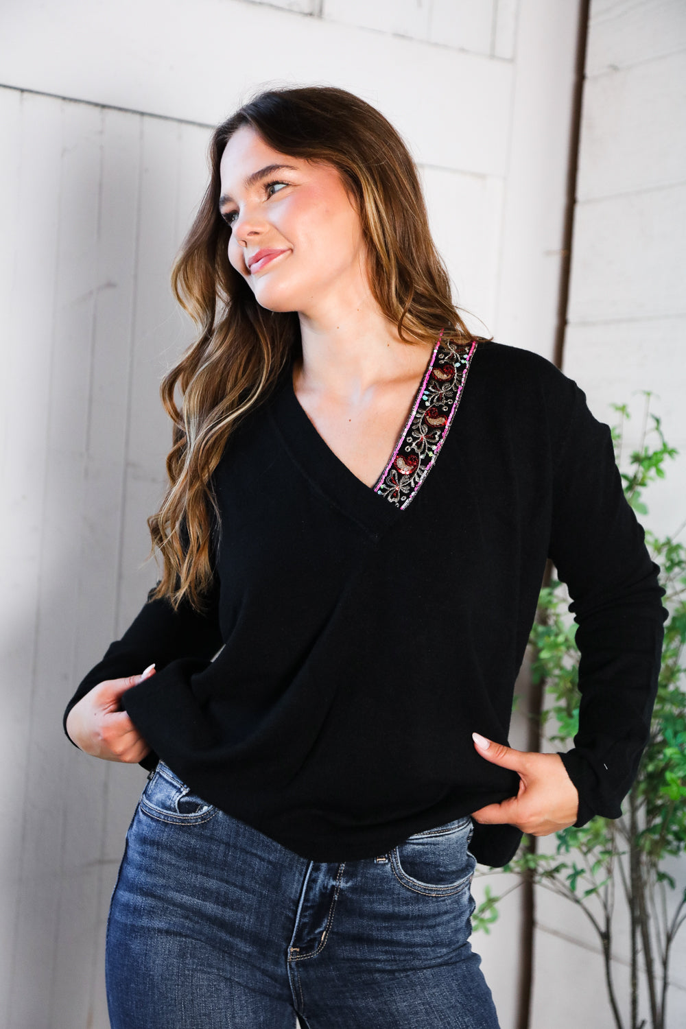 Twilight Charms Beaded V Neck Sweater - Charming Charlie