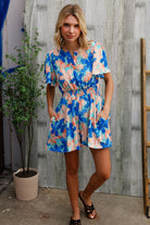 Feeling Bold Turquoise Floral Smocked Waist Flutter Sleeve Romper - Charming Charlie