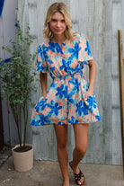 Feeling Bold Turquoise Floral Smocked Waist Flutter Sleeve Romper - Charming Charlie