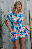 Feeling Bold Turquoise Floral Smocked Waist Flutter Sleeve Romper - Charming Charlie