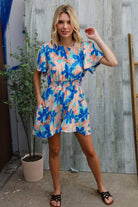 Feeling Bold Turquoise Floral Smocked Waist Flutter Sleeve Romper - Charming Charlie