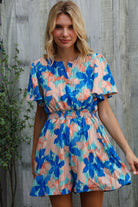Feeling Bold Turquoise Floral Smocked Waist Flutter Sleeve Romper - Charming Charlie