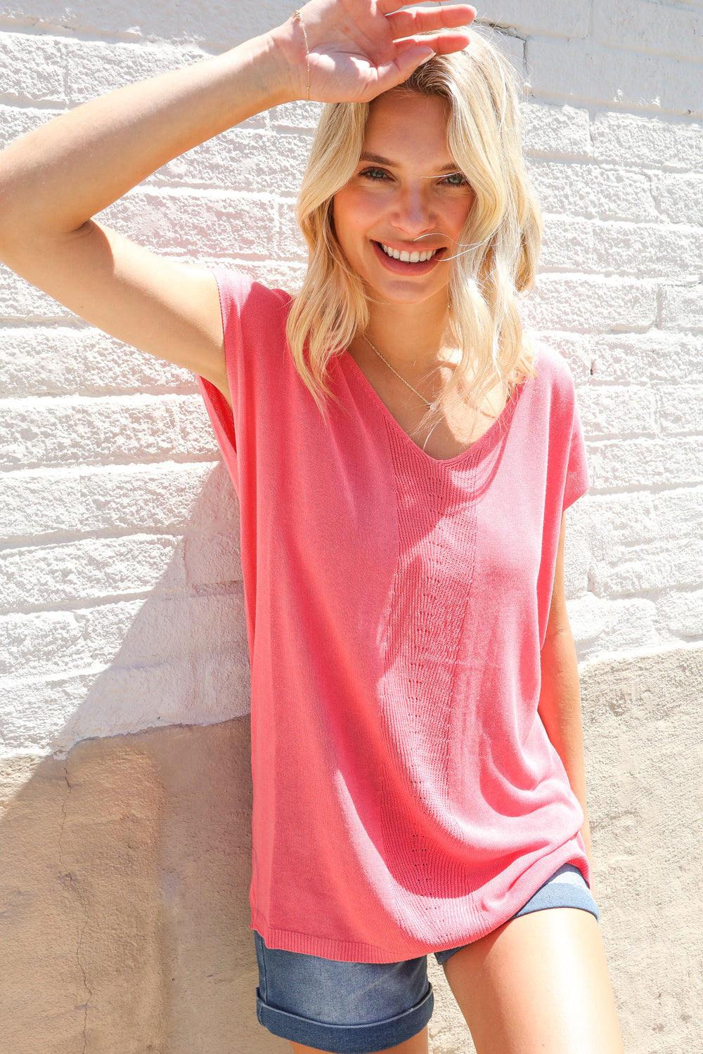 Summer Vibes Coral Relaxed Fit Jacquard Knitted Top - Charming Charlie