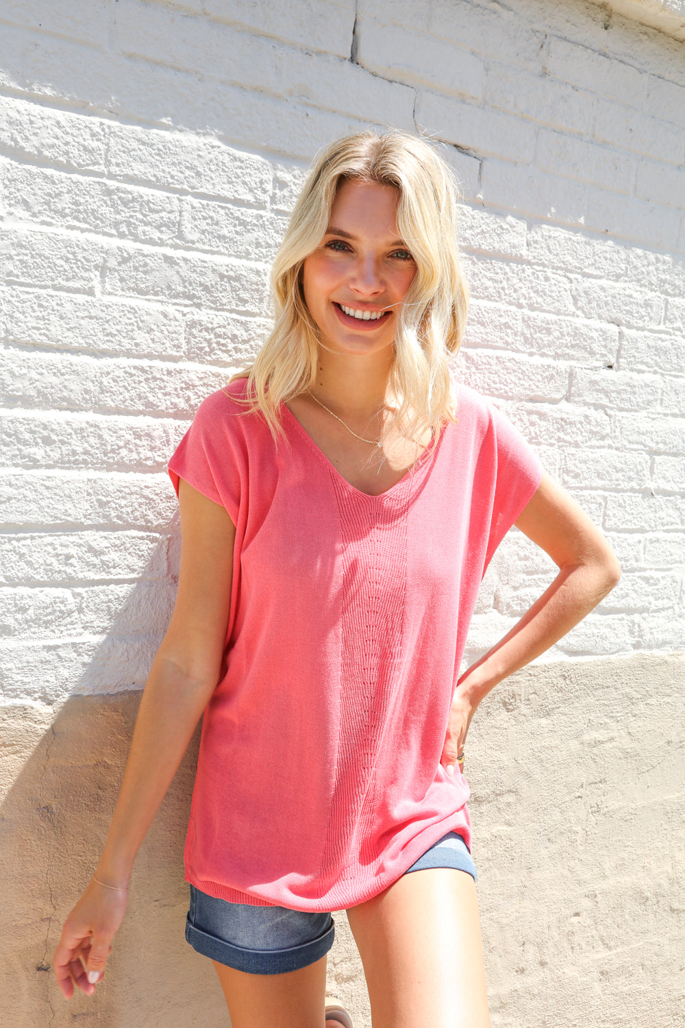 Summer Vibes Coral Relaxed Fit Jacquard Knitted Top - Charming Charlie