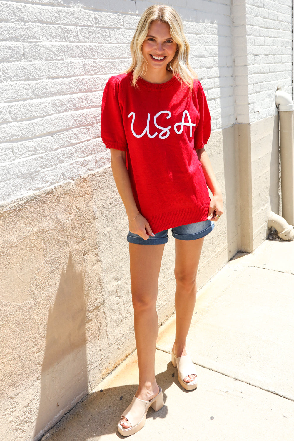 Patriotic USA Red Knit Embroidery Puff Sleeve Sweater Top - Charming Charlie
