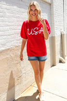 Patriotic USA Red Knit Embroidery Puff Sleeve Sweater Top - Charming Charlie