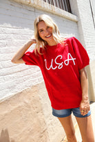 Patriotic USA Red Knit Embroidery Puff Sleeve Sweater Top - Charming Charlie