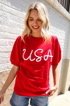 Patriotic USA Red Knit Embroidery Puff Sleeve Sweater Top - Charming Charlie
