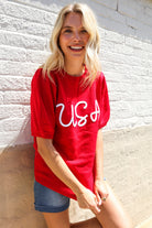 Patriotic USA Red Knit Embroidery Puff Sleeve Sweater Top - Charming Charlie