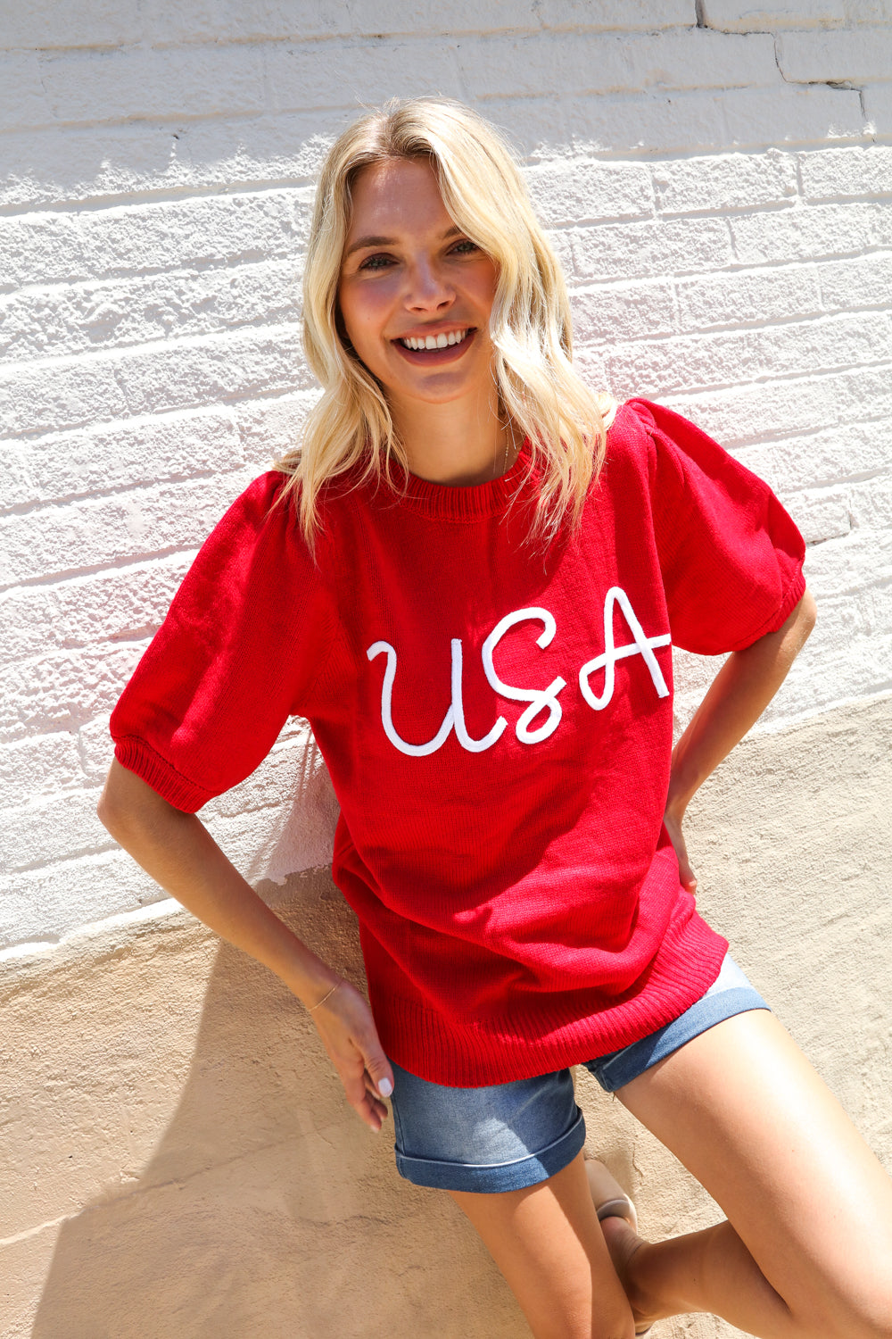 Patriotic USA Red Knit Embroidery Puff Sleeve Sweater Top - Charming Charlie
