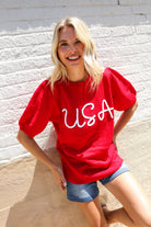 Patriotic USA Red Knit Embroidery Puff Sleeve Sweater Top - Charming Charlie