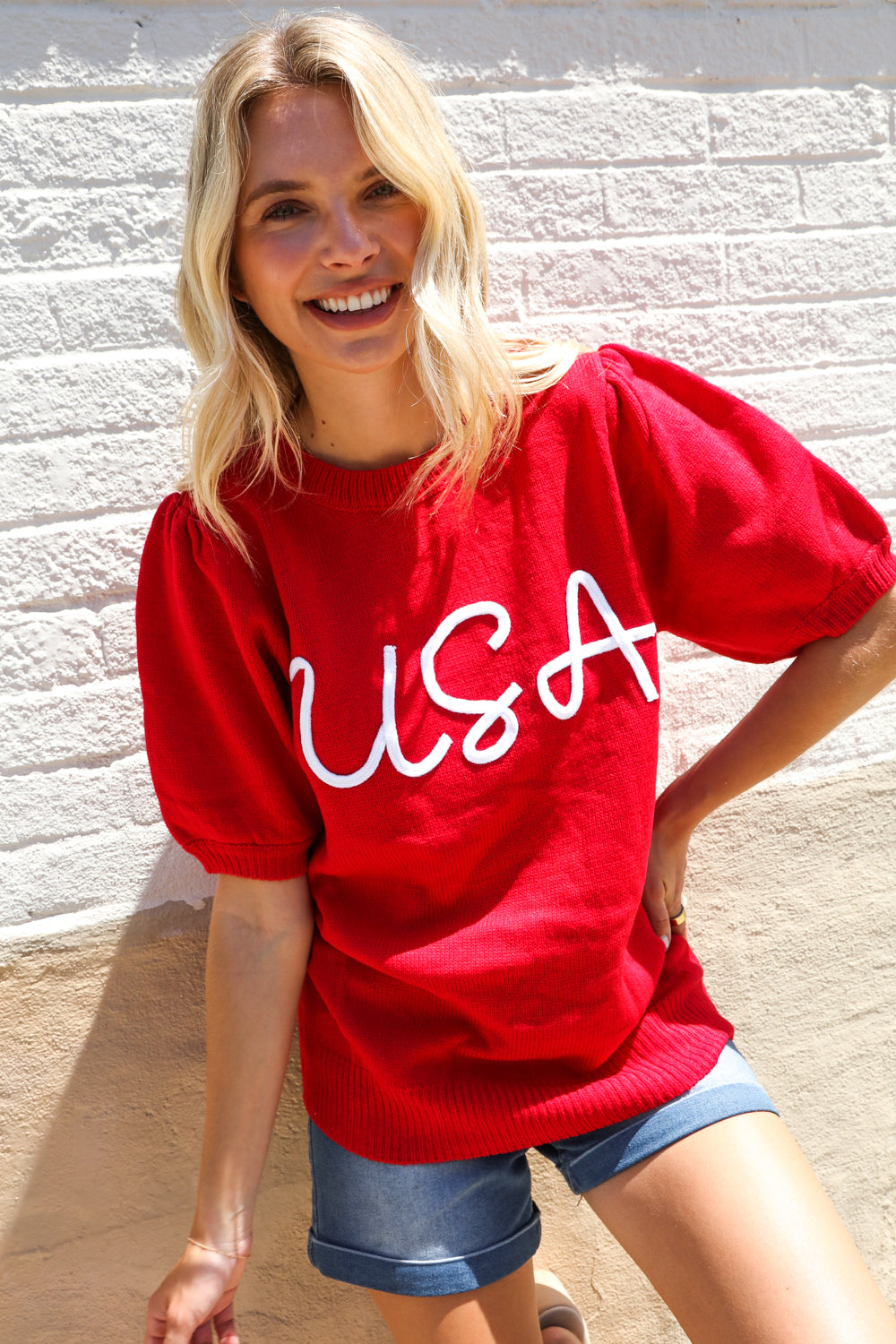 Patriotic USA Red Knit Embroidery Puff Sleeve Sweater Top - Charming Charlie