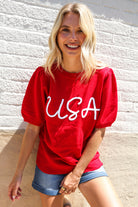 Patriotic USA Red Knit Embroidery Puff Sleeve Sweater Top - Charming Charlie