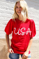 Patriotic USA Red Knit Embroidery Puff Sleeve Sweater Top - Charming Charlie