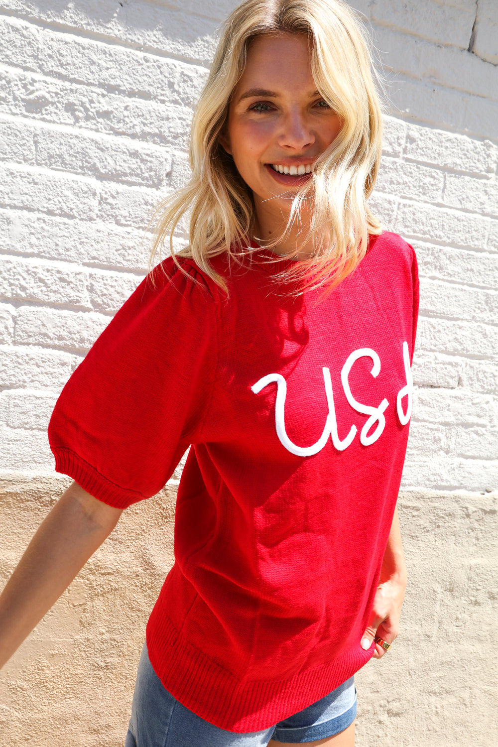 Patriotic USA Red Knit Embroidery Puff Sleeve Sweater Top - Charming Charlie