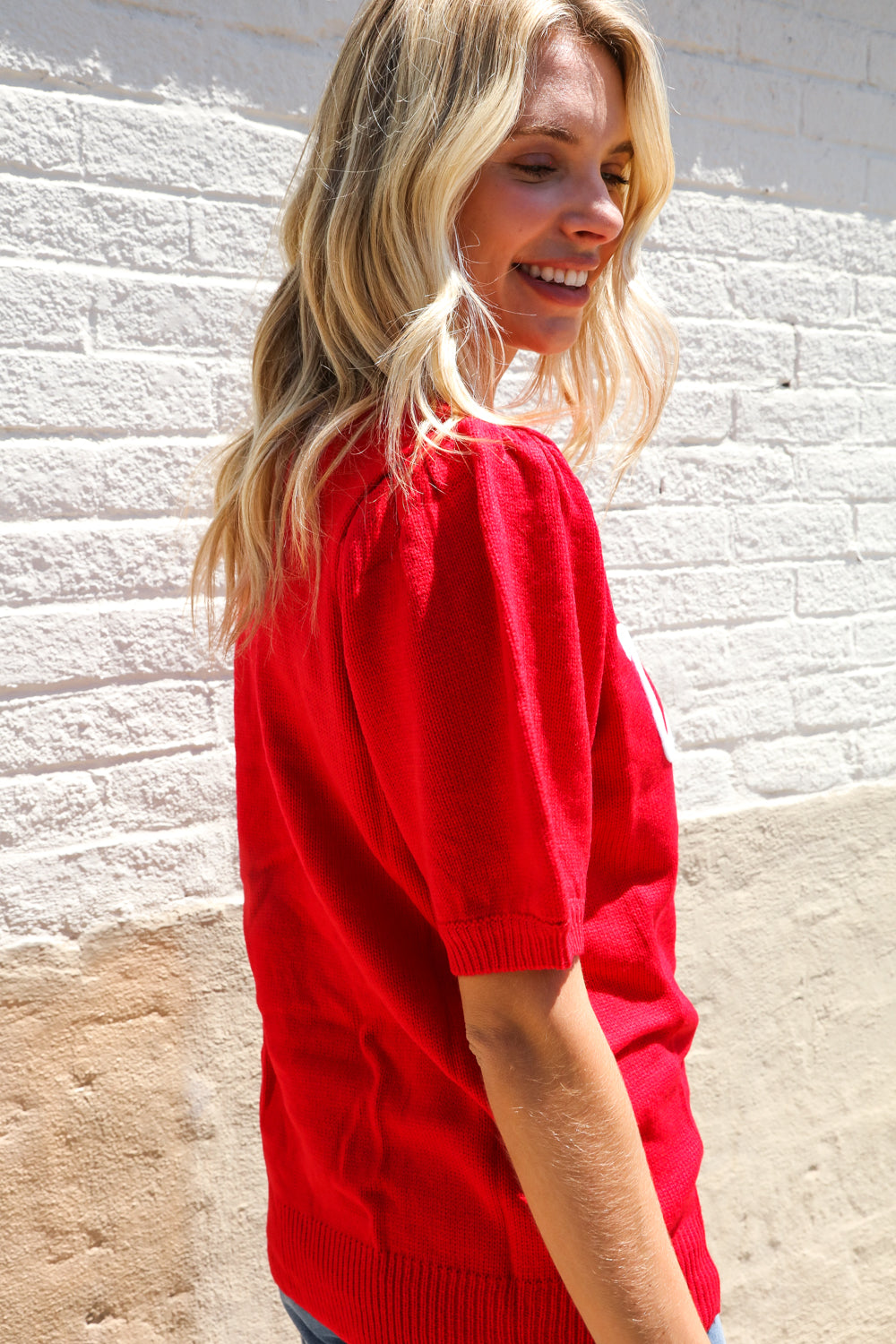 Patriotic USA Red Knit Embroidery Puff Sleeve Sweater Top - Charming Charlie