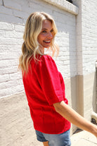 Patriotic USA Red Knit Embroidery Puff Sleeve Sweater Top - Charming Charlie