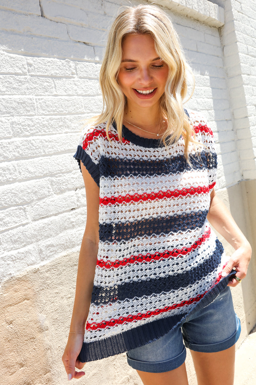 Feeling Festive Red White & Blue Striped Crochet Sweater Top - Charming Charlie