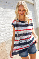 Feeling Festive Red White & Blue Striped Crochet Sweater Top - Charming Charlie