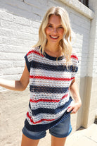 Feeling Festive Red White & Blue Striped Crochet Sweater Top - Charming Charlie