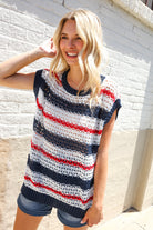 Feeling Festive Red White & Blue Striped Crochet Sweater Top - Charming Charlie