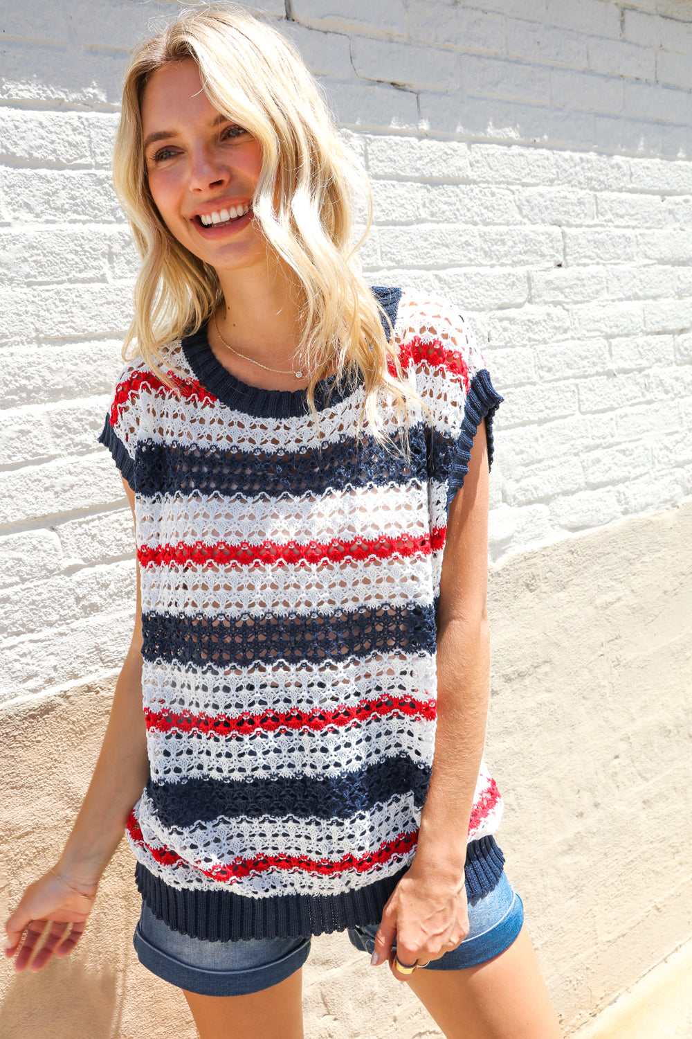 Feeling Festive Red White & Blue Striped Crochet Sweater Top - Charming Charlie