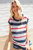 Feeling Festive Red White & Blue Striped Crochet Sweater Top - Charming Charlie