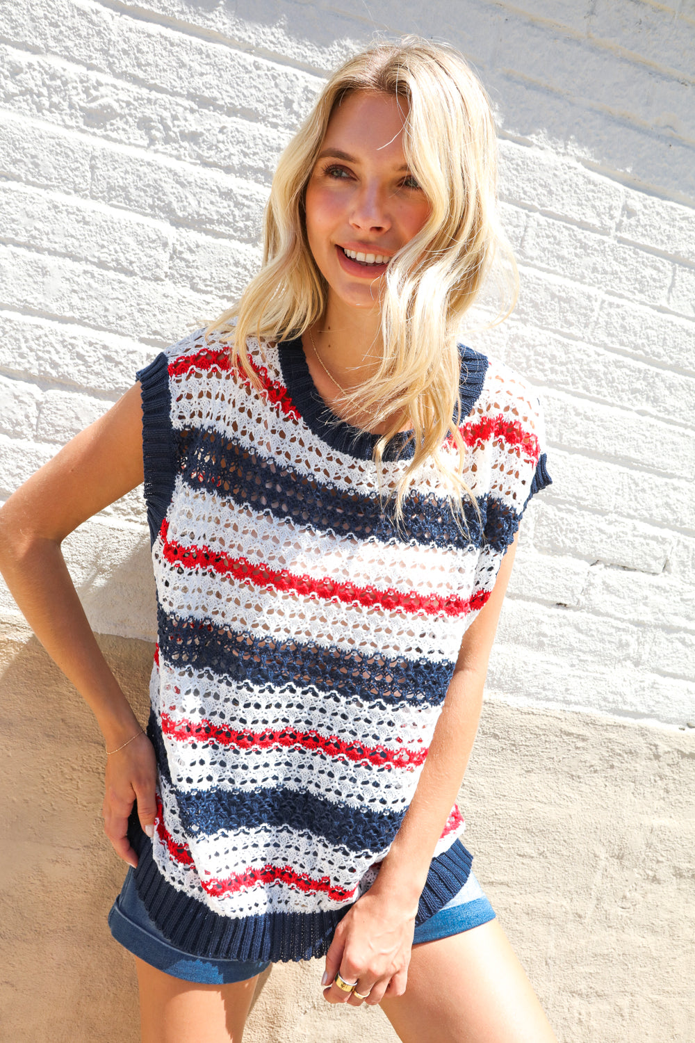 Feeling Festive Red White & Blue Striped Crochet Sweater Top - Charming Charlie