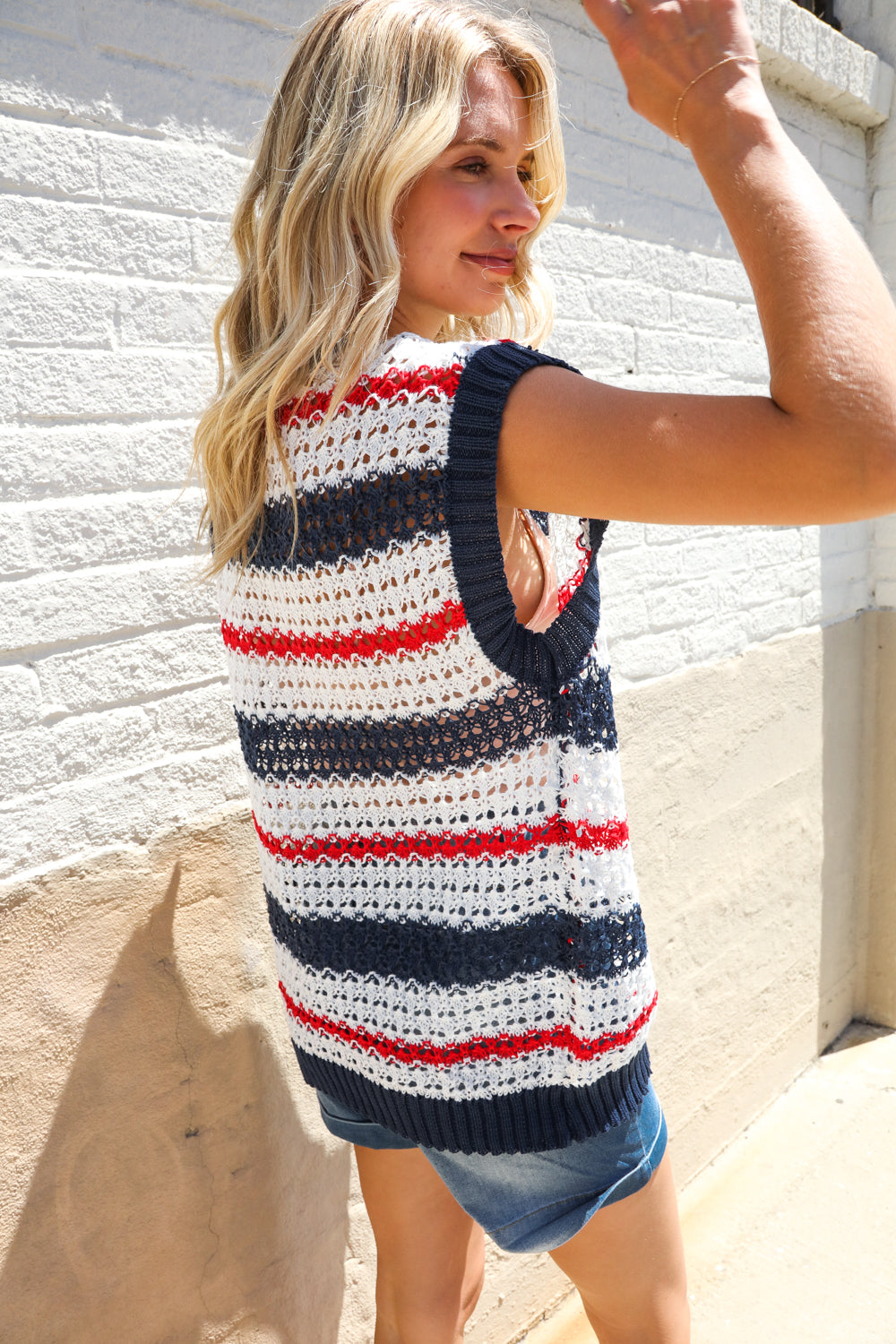 Feeling Festive Red White & Blue Striped Crochet Sweater Top - Charming Charlie