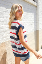 Feeling Festive Red White & Blue Striped Crochet Sweater Top - Charming Charlie