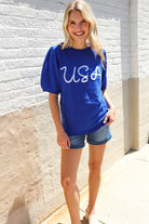Patriotic USA Blue Knit Embroidery Puff Sleeve Sweater Top - Charming Charlie