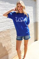 Patriotic USA Blue Knit Embroidery Puff Sleeve Sweater Top - Charming Charlie