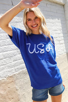 Patriotic USA Blue Knit Embroidery Puff Sleeve Sweater Top - Charming Charlie