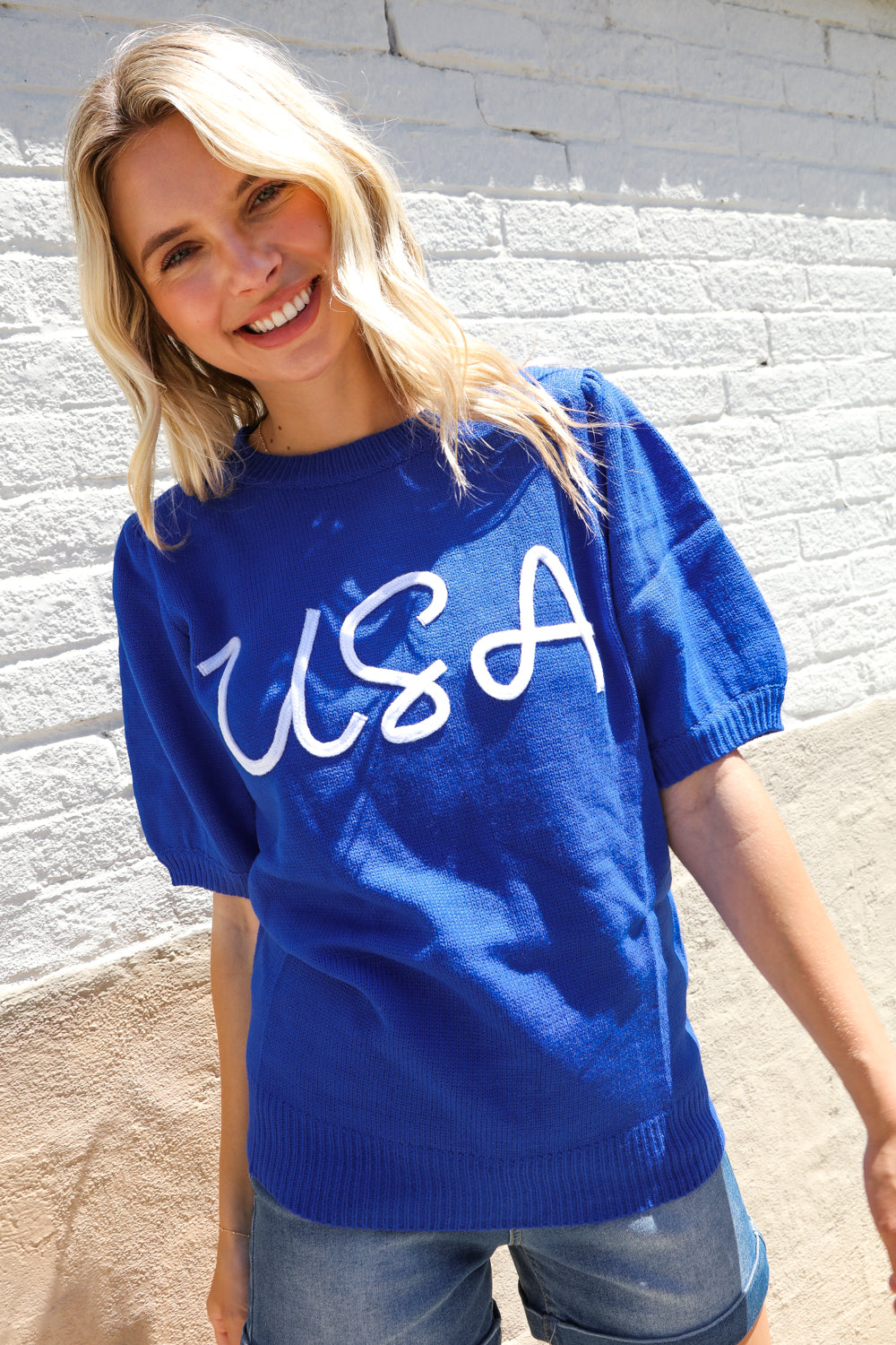Patriotic USA Blue Knit Embroidery Puff Sleeve Sweater Top - Charming Charlie