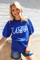 Patriotic USA Blue Knit Embroidery Puff Sleeve Sweater Top - Charming Charlie