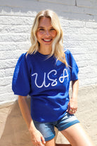 Patriotic USA Blue Knit Embroidery Puff Sleeve Sweater Top - Charming Charlie