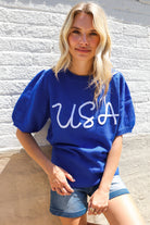 Patriotic USA Blue Knit Embroidery Puff Sleeve Sweater Top - Charming Charlie