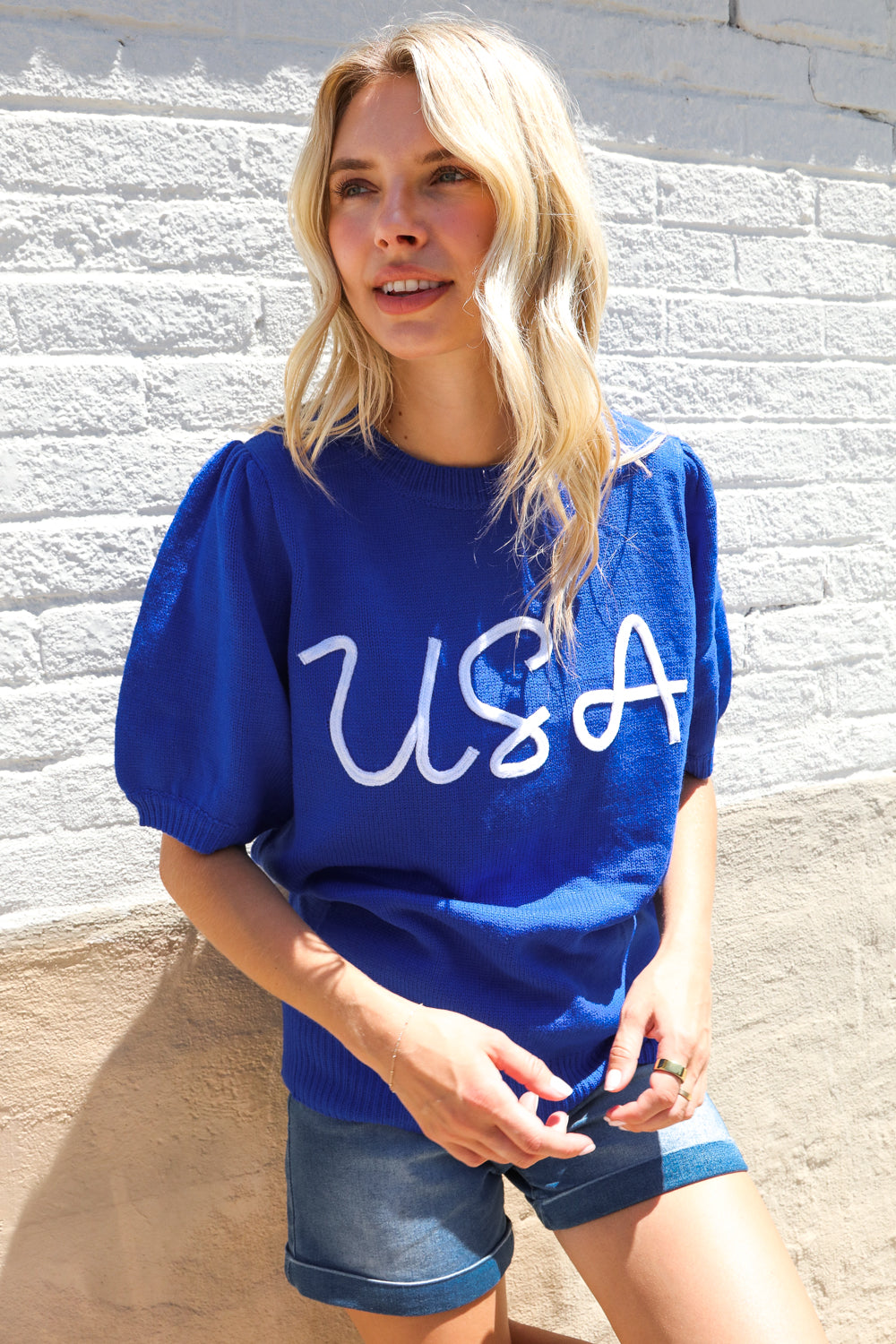 Patriotic USA Blue Knit Embroidery Puff Sleeve Sweater Top - Charming Charlie
