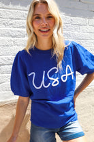 Patriotic USA Blue Knit Embroidery Puff Sleeve Sweater Top - Charming Charlie