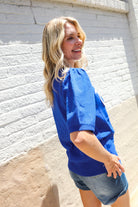 Patriotic USA Blue Knit Embroidery Puff Sleeve Sweater Top - Charming Charlie
