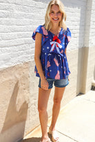 American Flag Blue & Red Stars & Bow Print Woven Top - Charming Charlie